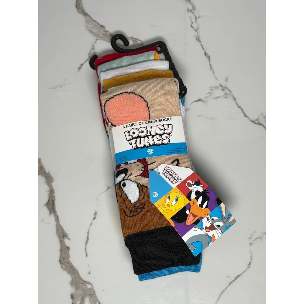 Looney Tunes Mens Crew Socks 6 Pairs Bugs Bunny Daffy Duck‎ Taz Multi Color New